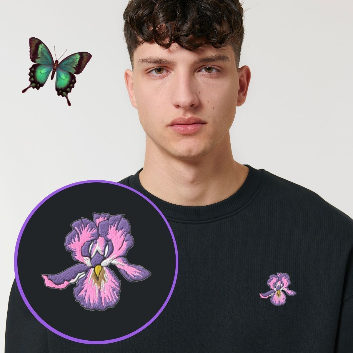 Embroidered Iris Sweatshirt (Unisex)-Vegan Apparel, Vegan Clothing, Vegan Sweatshirt, JH030-Vegan Outfitters-X-Small-Black-Vegan Outfitters