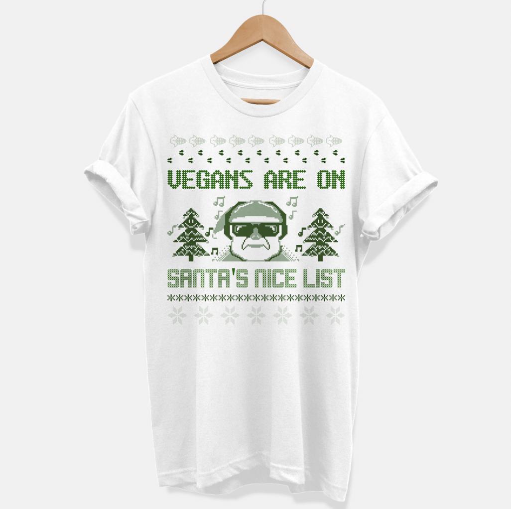 Vegans Are On Santa's Nice List Vegan Christmas T-Shirt (Unisex)-Vegan Apparel, Vegan Clothing, Vegan T Shirt-Vegan Outfitters-X-Small-White-Vegan Outfitters